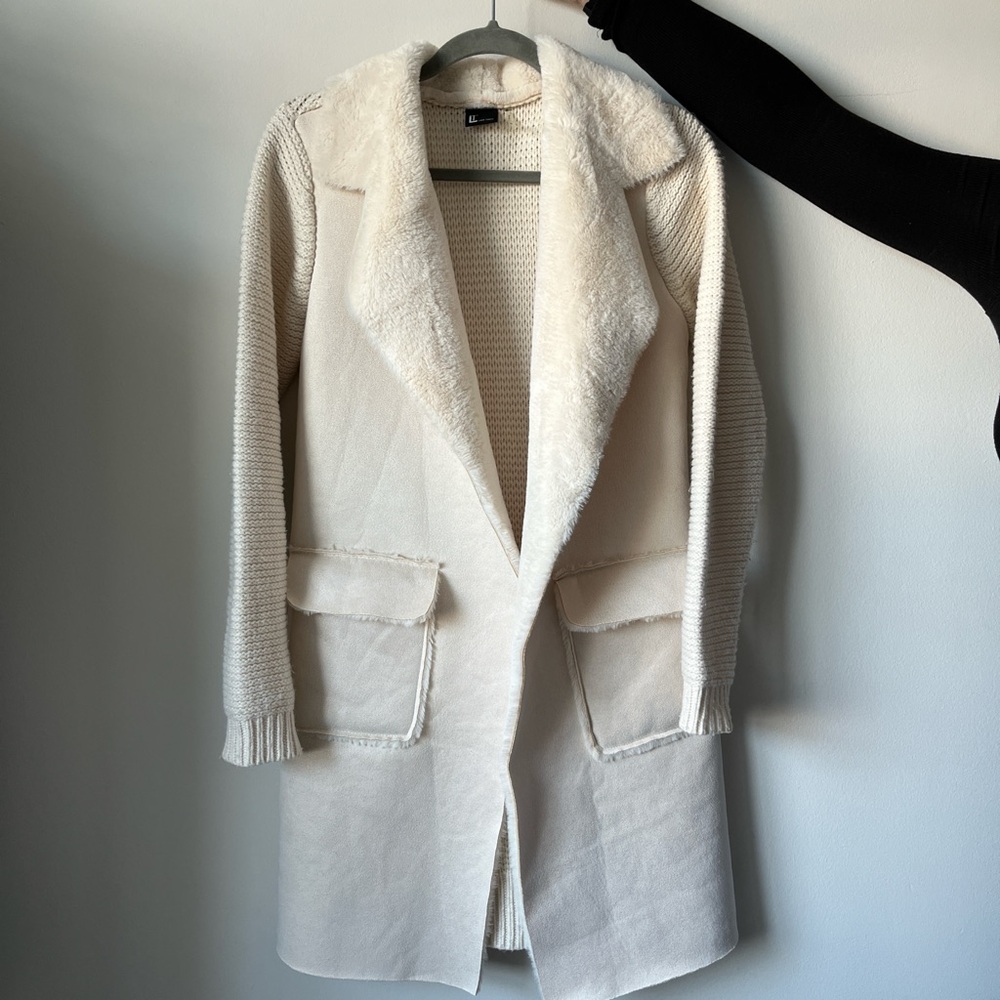 Love Token Knit Cardigan with Faux Fir Collar, Size S